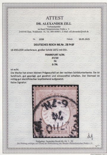 Dt. Kaiserreich, Brustschilder, 1874, Mi.- Nr.: 28 PräF, gestempelt! Akt. FA Dr. Zill BPP: e+e! Seltenes und gutes Qualitätsstückstück!