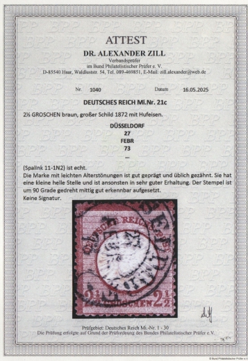 Dt. Kaiserreich, Brustschilder, 1873, Mi.- Nr.: 21 c, gestempelt! Akt. FA Dr. Zill BPP: e+ ...! Seltenes und gutes Kabinettstück!