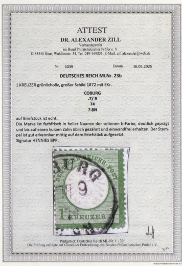 Dt. Kaiserreich, Brustschilder, 1874, Mi.- Nr.: 23 b, gestempelt! Akt. FA Dr. Zill BPP: e+ ...! Seltenes und gutes Kabinettstück!