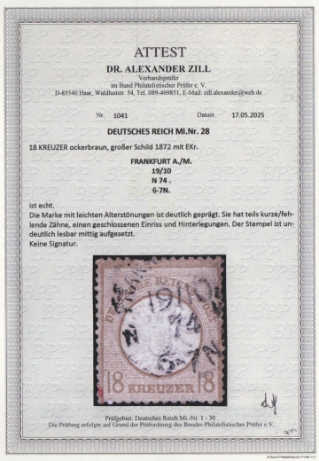 Dt. Kaiserreich, Brustschilder, 1874, Mi.- Nr.: 28, gestempelt! Akt. FA Dr. Zill BPP: e+ ...! Seltenes Kabinettstück!