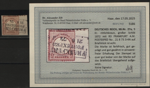 Dt. Kaiserreich, Brustschilder, 1873, Mi.- Nr.: 27 a, gestempelt! Akt. Befund Dr. Zill BPP: e+e! Seltenes Qualitätsstück!