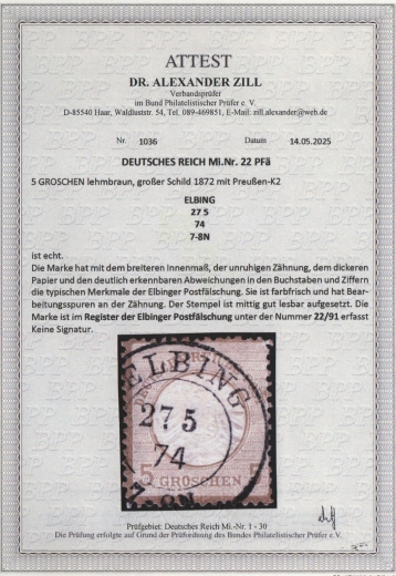 Dt. Kaiserreich, Brustschilder, 1874, Mi.- Nr.: 22 PFä, gestempelt! Akt. FA Dr. Zill BPP: e + ...! Seltenes und gutes Kabinettstück!