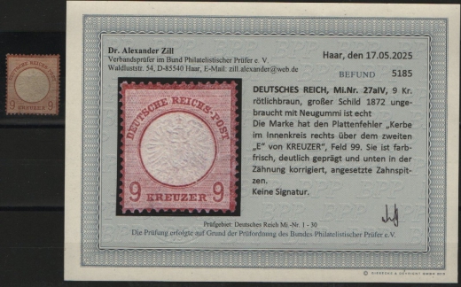 Dt. Kaiserreich, Brustschilder, 1872, Mi.- Nr.: 27aIV, (*) Neugummi! Akt. Befund Dr. Zill BPP: e+ ...! Selten!