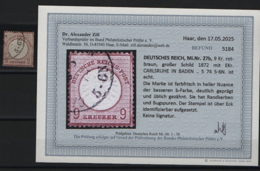 Dt. Kaiserreich, Brustschilder, 1872, Mi.- Nr.: 27 b! Gestempelt! Akt. Befund Dr. Zill BPP: e+ ...! Bedarfsstück! Selten!