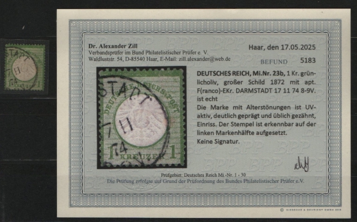 Dt. Kaiserreich, Brustschilder, 1874, Mi.- Nr.: 23 b! Gestempelt! Akt. Befund Dr. Zill BPP: e+ ...! Bedarfsstück! Selten!