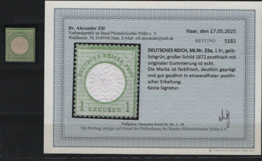 Dt. Kaiserreich, Brustschilder, 1872, Mi.- Nr.: 23 a, **! Akt. Befund Dr. Zill BPP: e+e! Luxusstück! Selten!