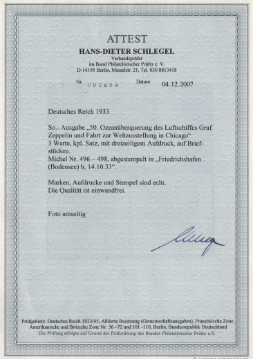 III. Reich, 1933, Mi.- Nr.: 496- 98 (496 mit ER!), Chikagofahrt- Satz, gestempelt, Fotoattest Schlegel BPP: e+e! Sehr selten!
