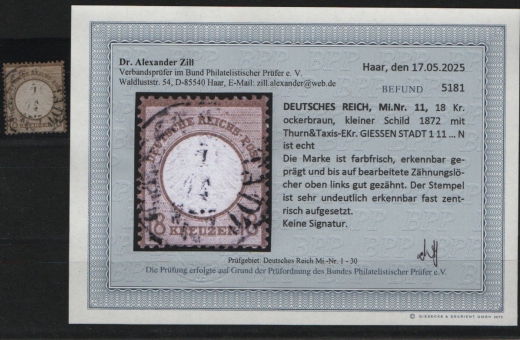 Dt. Kaiserreich, Brustschilder, 1872, Mi.- Nr.: 11, gestempelt! Akt. Befund Dr. Zill BPP: e+ ...! Kabinettstück! Selten!