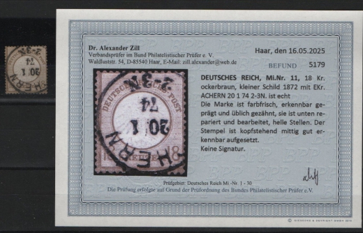 Dt. Kaiserreich, Brustschilder, 1874, Mi.- Nr.: 11 FZL, gestempelt! Akt. Befund Dr. Zill BPP: e+ ....! Kabinettstück!
