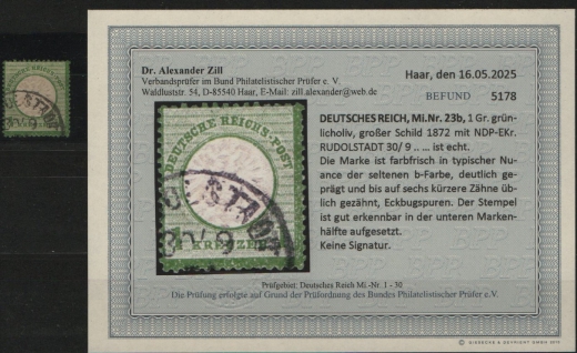 Dt. Kaiserreich, Brustschilder, 1872, Mi.- Nr.: 23 b, gestempelt! Akt. Befund Dr. Zill BPP: e + ....! Gutes Kabinettstück!
