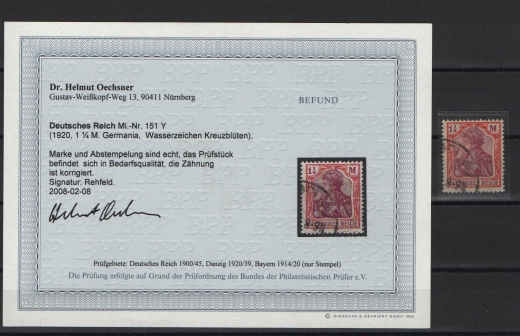 DR, Infla, ca. 1920, Mi.- Nr.: 151 Y, gestempelt, Befund Dr. Oechsner BPP: echt + ...! Bedarfsqualität / bearbeitet