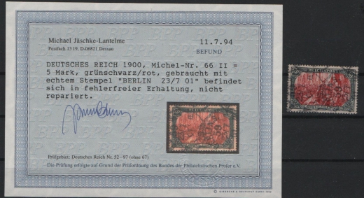 Dt. Kaiserreich, 1901, Mi.- Nr.: 66 II, gestempelt, Befund Jäschke- L. BPP; echt+ fehlerfrei! Selten!