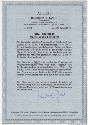 Thüringen, 1946, Bl. 4 yc, **, Fotoattest Dr. Jasch BPP: echt + ...., Kabinettstück, sehr selten!