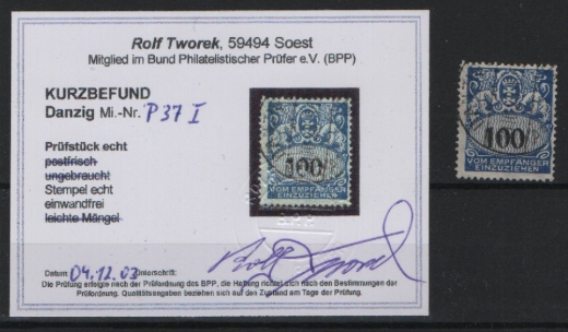 Danzig, 1923, Mi.- Nr.: P 37 PF I, gestempelt, KB Tworek BPP: e+e! Luxusstück! Selten!