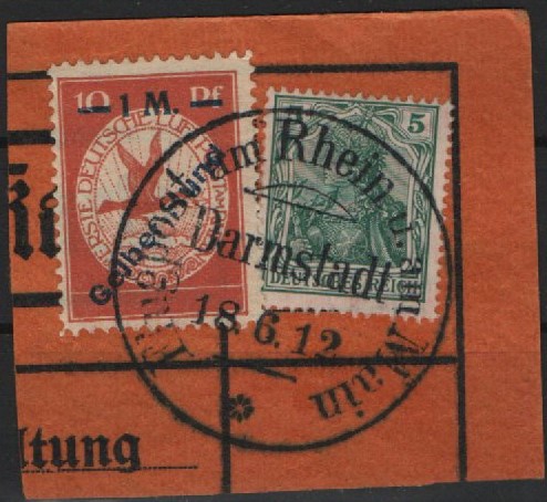 Dt. Kaiserreich, Flugpost, 1912, Mi.- Nrn.: 85 I + IV, gestempelt, auf kl. Briefstück, mit Darmstadt- Stempel!! Sehr selten!