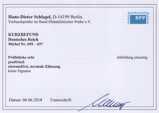 III. Reich, 1939, Mi.- Nr.: 695- 97, Kpl.- Satz, **, K.- Befund Schlegel BPP: echt und einwandfrei! Selten!