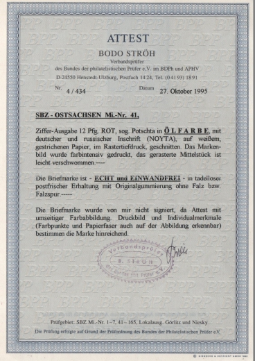 Ost- Sachsen, 1945, Mi.- Nr.: BI b (ex 41), sogenannte Potschta, **, Fotoattest Ströh BPP: echt + e! Luxusstück!