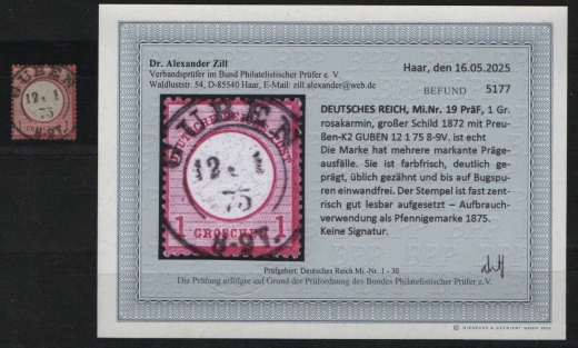 Dt. Kaiserreich, Brustschilder, 1872, in 1875, Mi.- Nr.: 19 PräF, gestempelt! Akt. Befund Dr. Zill BPP: e+ ...! Kabinettstück! Selten!