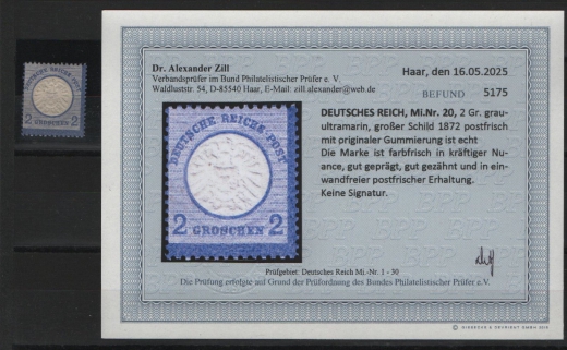 Dt. Kaiserreich, Brustschilder, 1872, Mi.- Nr.: 20, **! Akt. Befund Dr. Zill BPP: e+ e! Qualitätsstück! Selten!