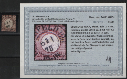 Dt. Kaiserreich, Brustschilder, 1872, Mi.- Nr.: 21 b, gestempelt! Akt. Befund Dr. Zill BPP: e+...! Mgl., s. Befund! Selten!