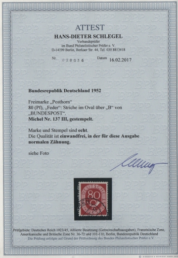 BRD, 1951, Mi.- Nrn.: 137 PF III, gestempelt! Fotoattest Schlegel BPP; echt + einwandfrei! Gutes Bedarfsstück, selten!