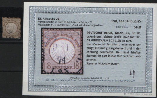 Dt. Kaiserreich, Brustschilder, 1872, Mi.- Nr.: 11, gestempelt! Akt. Befund Dr. Zill BPP: e+...! Repariert, s. Befund! Selten!