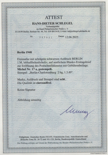 Berlin, 1948, Mi.- Nr.: 17 a, auf Postschnelldienst- FDC! Akt FA Schlegel BPP;  e+e! Luxusstück! Selten!