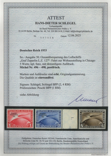 III. Reich, 1933, Mi.- Nr.: 496- 98, Chikagofahrt- Satz, ** / postfrisch, akt. Fotoattest Schlegel BPP: e+e! Sehr selten!