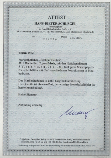 Berlin, 1952, MH´s, Mi.- Nr.: 2, **, komplett, akt. Fotoattest Schlegel BPP: e + e! Seltenes Qualitätsstück!