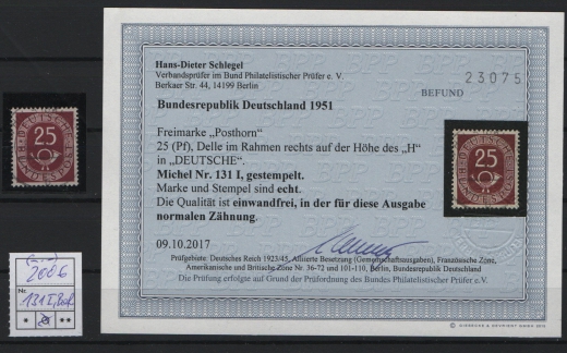 BRD, 1951, Mi.- Nr.: 131 PF I, gestempelt! Fotobefund Schlegel BPP; echt + einwandfrei! Gutes Bedarfsstück, selten!