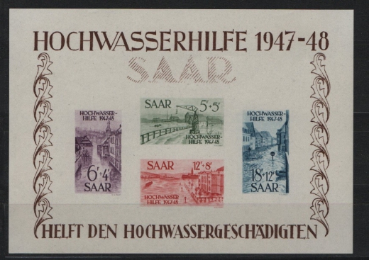 Saarland, 1948, Mi.- Nrn.: Bl. 1, **! Der Hochwasser- Block, tiefstgeprüft BPP! Luxusstück! Selten!
