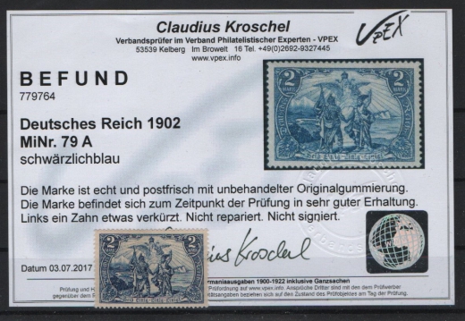 DR, Germania o.WZ., 1902, Mi.- Nr.: 79 A, **! Befund Kroschel VPEX: e+e! Qualitätsstück!