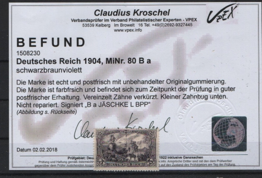 DR, Germania o.WZ., 1904, Mi.- Nr.: 80 Ba, **! tiefgeprüft Jäschke- L. / Befund Kroschel VPEX: e+ ...! Kabinettstück! Selten!