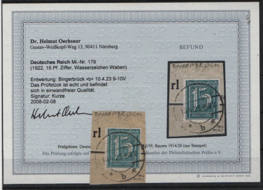 DR, Infla, 1922, Mi.- Nr.: 179, gestempelt, K.- Befund Dr. Oechsner BPP: echt und einwandfrei! Selten!