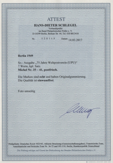 Berlin, 1949, Mi.- Nrn.: 35- 41, **, Der Stephan- Satz, kpl. Satz. mit Fotoattest Schlegel BPP! e+e! Luxussatz!