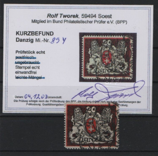 Danzig, 1921, Mi.- Nr.: 89 Y, gestempelt, KB Tworek BPP: e+e! Qualitätsstück! Selten!