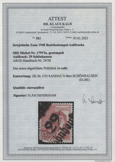 SBZ, Handstempel, 1948, Mi.- Nr.: 179VIa, Die Helle 60er, Bez. 29, Schönhausen, gestempelt, akt. FA Dr. Kalb BPP! e+e!