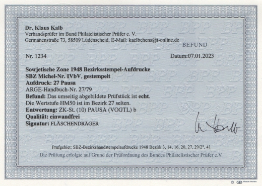 SBZ, Handstempel, 1948, Mi.- Nr.: IVbV, Bez. 27, Pausa, gestempelt, akt. FB Dr. Kalb BPP! e+e! Luxusstück! Selten!