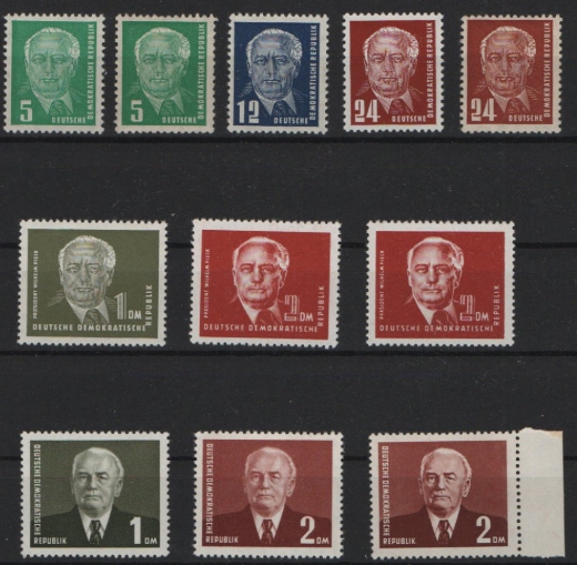 DDR, 1952 / 53, Lot aus Mi.- Nrn.: 322- 326 + 342- 343 in div. Varianten! **! Selten!