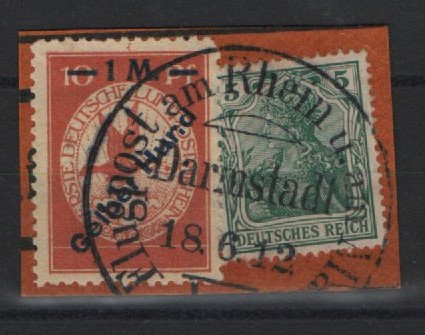 Dt. Kaiserreich, Flugpost, 1912, Mi.- Nrn.: 85 I + IV, gestempelt, auf kl. Briefstück, mit Darmstadt- Stempel!! Sehr selten!