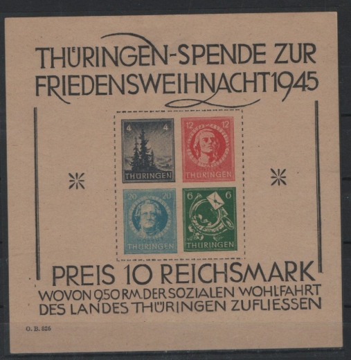 Thüringen, 1945, Bl. 2 t, *, mit akt. Fotoattest Dr. Jasch BPP: echt + e, Qualitätsstückstück! Selten!