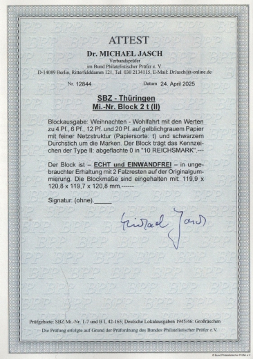 Thüringen, 1945, Bl. 2 t, *, mit akt. Fotoattest Dr. Jasch BPP: echt + e, Qualitätsstückstück! Selten!