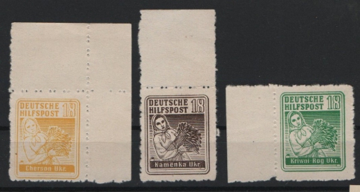 III. Reich / Dt. Bes. Südukraine, 1944, Mi.- Nrn.: 2, 5 + 6, (*) wie ausgegeben!, (je vom ER. / Or. / Sr.)! Sehr selten!