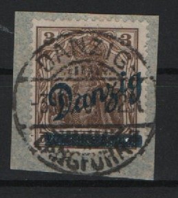 Danzig, 1920, Mi.- Nr.: 34, auf kl. Briefstück, aus kl. Innendienst- Satz, tiefstgeprüft BPP / Infla Berlin, selten!