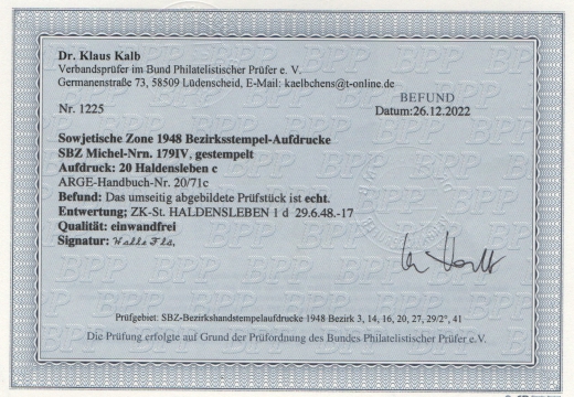 SBZ, Handstempel, 1948, Mi.- Nr.: 179 IV, Die Helle 60er, Bez. 20, Haldensleben, gestempelt, akt. FB Dr. Kalb BPP! e+e!