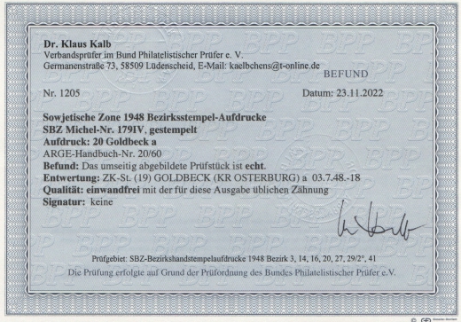 SBZ, Handstempel, 1948, Mi.- Nr.: 179 IV, Die Helle 60er, Bez. 20, Goldbeck, gestempelt, akt. FB Dr. Kalb BPP! e+e!