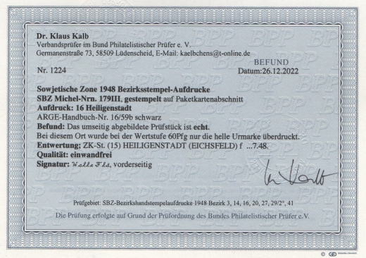 SBZ, Handstempel, 1948, Mi.- Nr.: 179 III, Die Helle 60er, Bez. 16, Heiligenstadt, gestempelt, akt. FB Dr. Kalb BPP! e+e!