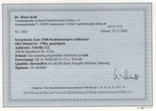 SBZ, Handstempel, 1948, Mi.- Nr.: 179 Ia, Die Helle 60er, Bez. 3, Berlin 112, gestempelt, akt. FB Dr. Kalb BPP! e+e!