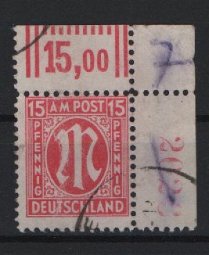 Bizone, AM- Post, 1945, Mi.- Nr.: 24 r4, Bogenrandstück mit 4- stelliger, roter Bogennr., gestempelt, Bedarfsstück, selten!