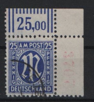 Bizone, AM- Post, 1945, Mi.- Nr.: 28 r4, Bogenrandstück mit 4- stelliger, roter Bogennr., gestempelt, Bedarfsstück, selten!